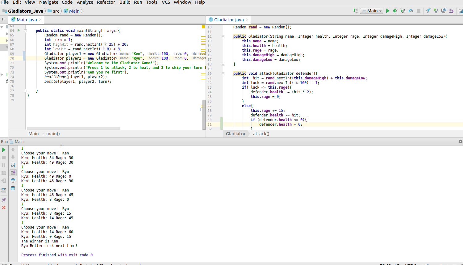 Screenshot of my Gladiator application Java